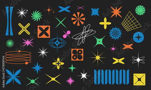 Brutalist set geometric shapes, futuristic vector elements. Simple flat retro icons. Primitive bauhaus figures of stars, squares, grid, circle, abstract illustrations.