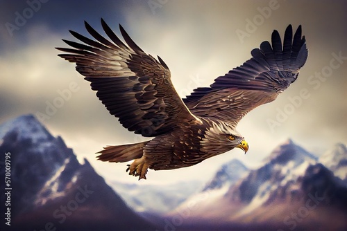 A Bird of Prey Soaring High Above the Mountains: A Stunning Moment of Wild Nature, Eagle in Flight: Generative AI