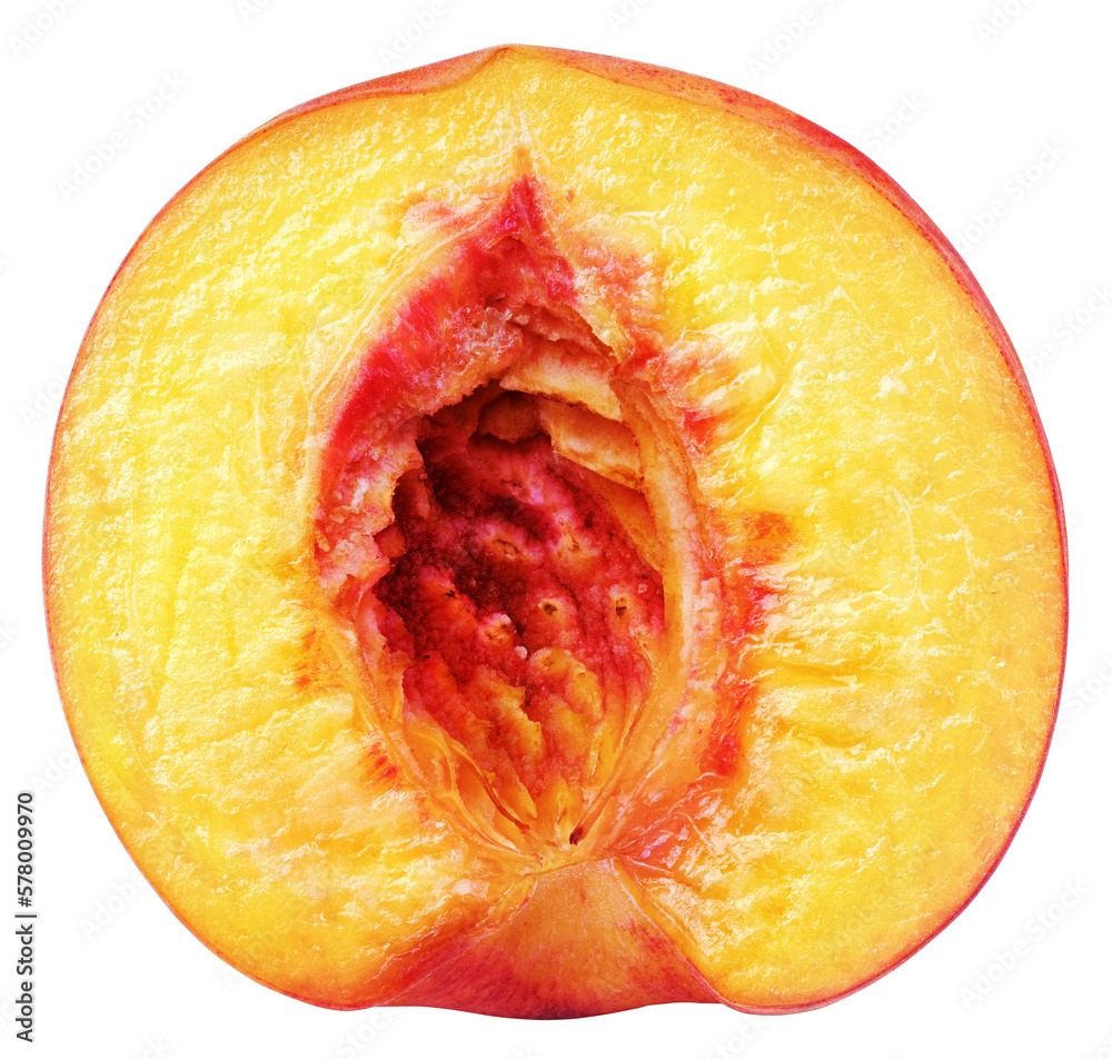 Ripe half peach fruit without nut isolated on transparent background