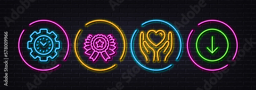 Hold heart, Winner ribbon and Time management minimal line icons. Neon laser 3d lights. Scroll down icons. For web, application, printing. Friendship, Best award, Settings. Swipe arrow. Vector