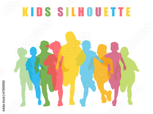 set of silhouette full colors group kids running laughing playing together enjoy the happiness on white background