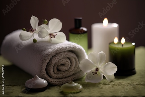 White rolled towels with flowers and candles