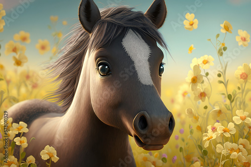 Cute realistic horse portrait on a blooming background and natural light. High detailed illustration generated by AI. 