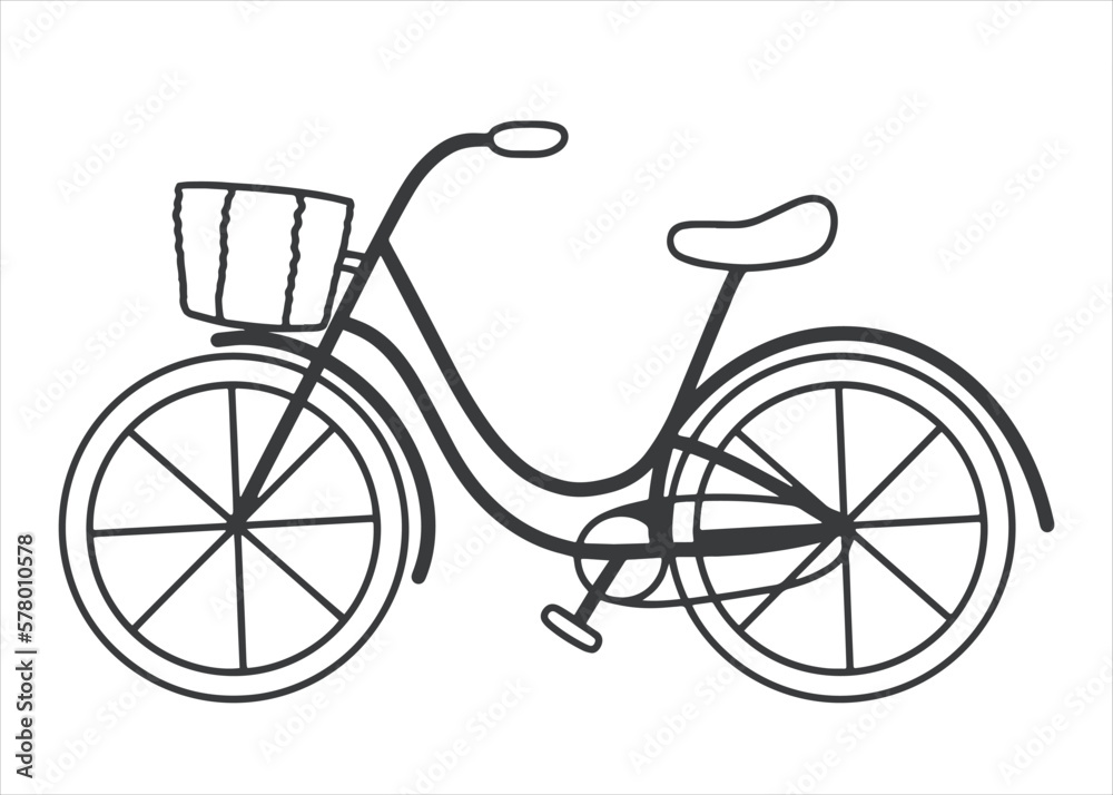 Black and white bicycle with basket. Linear illustration.
