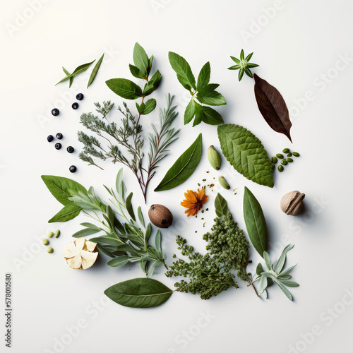 Set of adaptogenic or medicine herbs on white background. AI-generated. 