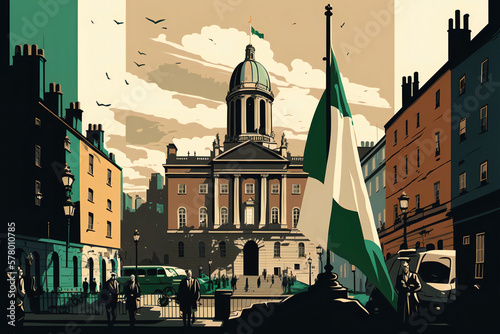 A vibrant illustration capturing the unique history and culture of Dublin, featuring iconic landmarks and bustling streets. generative ai photo