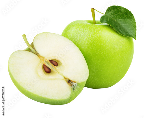 Ripe green apple fruit with apple half and green leaf isolated on transparent background. 