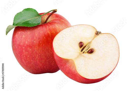 Ripe red apple fruit with apple half and green leaf isolated on transparent background