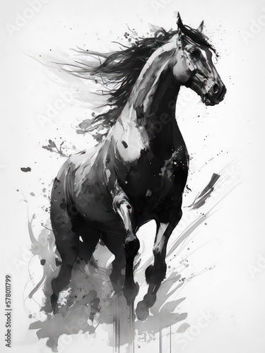 Black and white watercolor illustration of beautiful horse. Generative AI art.