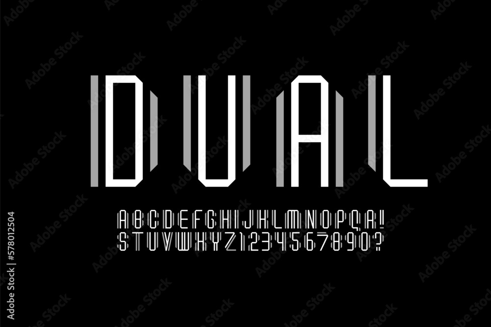 Tech font alphabet from double line, minimal technology style letters and numbers made in parallel ribbon, vector illustration 10EPS