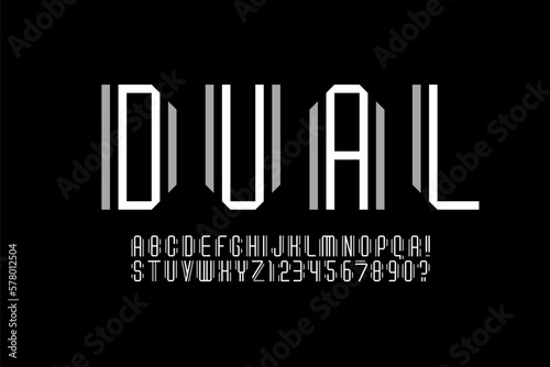 Tech font alphabet from double line, minimal technology style letters and numbers made in parallel ribbon, vector illustration 10EPS