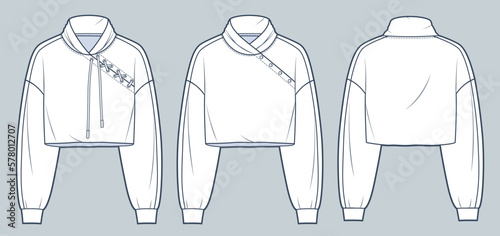 Set of Sweatshirt technical fashion illustration. Crop Sweatshirt fashion flat technical drawing template, roll neck, lace-up, button, front and back view, white, women, men, unisex CAD mockup.