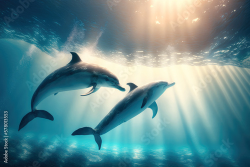 Couple of blue dolphins swimming underwater. Marine animals wallpaper. Generative AI © Roman Samokhin