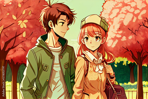 Ein Junges Paar  verliebt in einem Park  Manga Stil