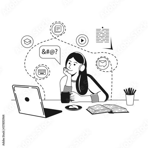 Girl sitting at a table and watching laptop. Concept illustration of online courses, distance studying, self education, digital library.E-learning banner.Online education.black and white illustration