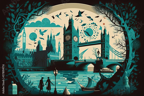 A colorful and energetic illustration of London's iconic landmarks and bustling streets, capturing the city's unique history, culture, and diverse array of people. generative ai