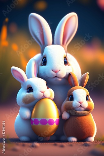 Happy and adorable bunnies family, holding a easter egg, cinematic art, Generative ia