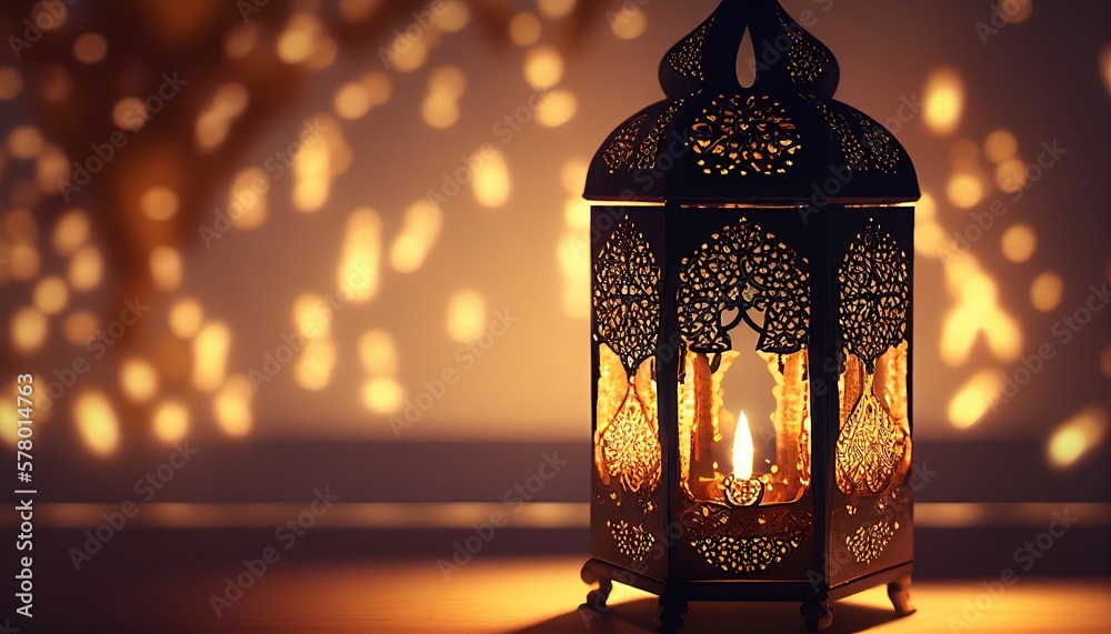 Ornamental Arabic lantern with burning candle glowing at night and glittering golden bokeh lights. Generative AI.