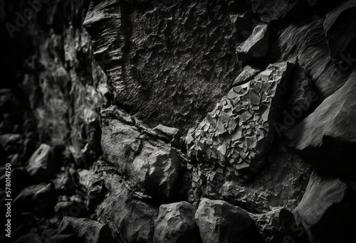 Abstract AI-Generated Render of a Craggy Gray Granite Rock Surface: A Close-up of Natural Geometric Patterns and Fractured Structures