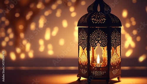 Ornamental Arabic lantern with burning candle glowing at night and glittering golden bokeh lights. Generative AI.