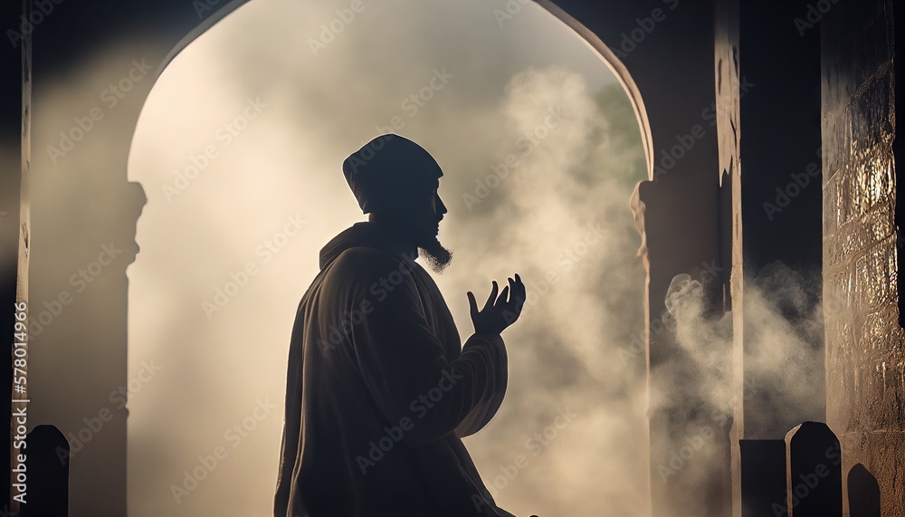 Silhouette of Muslim Man Praying in Old Mosque with Atmospheric ...