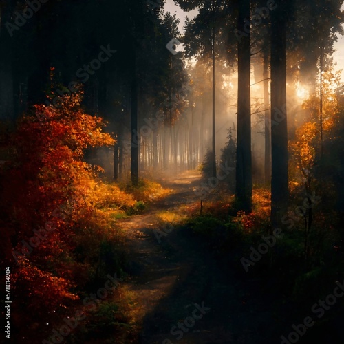 Autumn forest in the morning sunrise