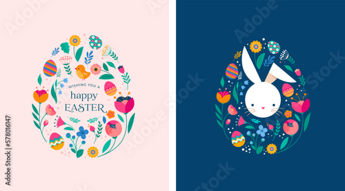Hello spring, Summer time, Happy Easter, decorated modern style card, banner. Bunnies, flowers and basket. Colorful minimalist design