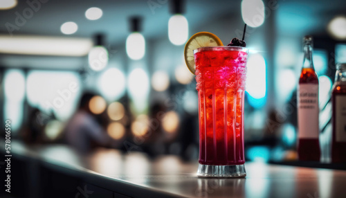 Enjoy the ultimate cocktail experience with this refreshing Singapore Sling drink in a glass. The bar atmosphere adds to the mood. Generative AI 