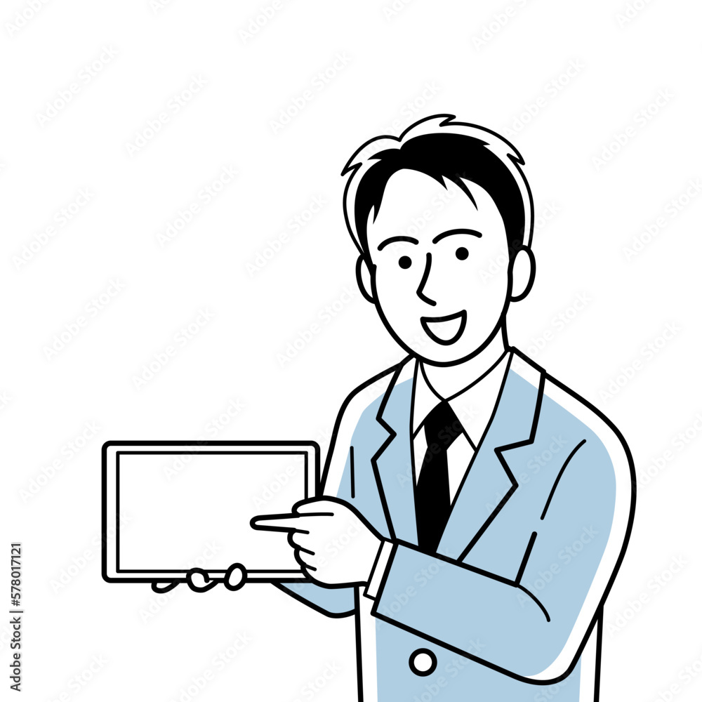 タブレットを使って説明するスーツ姿の男性