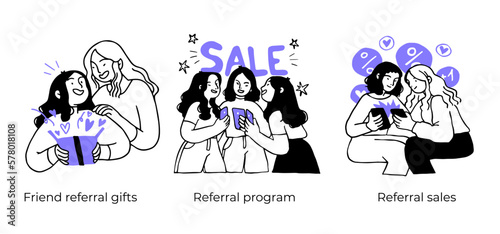 Online shopping and E-commerce concept set. Sale, orders, online payment, delivery, loyalty program. Visual stories collection