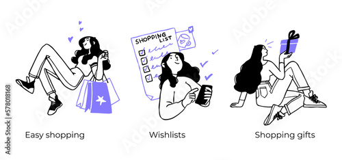 Online shopping and E-commerce concept set. Sale, orders, online payment, delivery, loyalty program. Visual stories collection