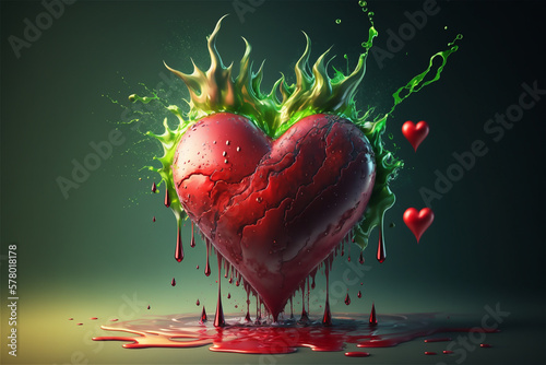 Broken heart concept. Green flames and poison drops flows down from the red cut heart. Generative AI photo