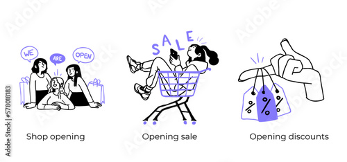 Online shopping and E-commerce concept set. Sale, orders, online payment, delivery, loyalty program. Visual stories collection