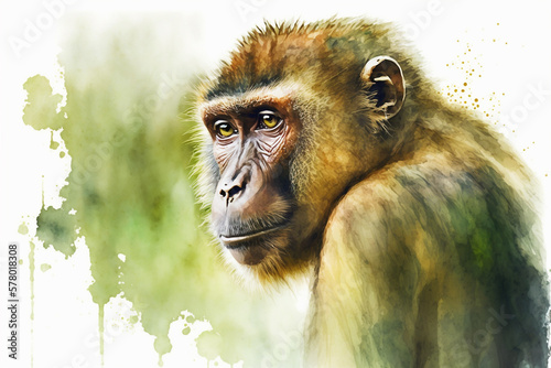 Watercolor painting of Barbary ape (Macaca sylvanus) with copy space for text. Beautiful artistic animal portrait for poster, wallpaper, art print. Made with generative AI. photo