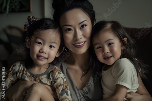 Asian mom with her two little daughters sitting on the couch. The three of them are looking at camera. Generative AI illustration
