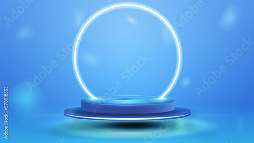 Realistic 3d cylinder pedestal podium with pastel blue background. Abstract geometric platform. Product display presentation. Minimal scene.