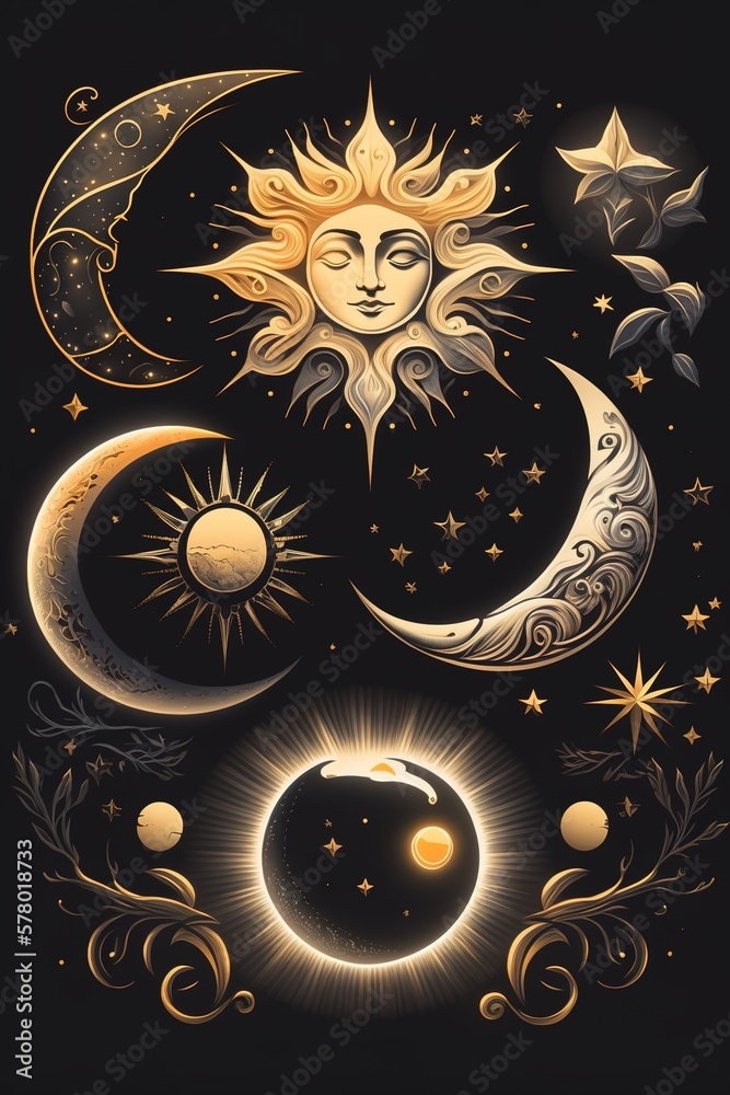 Gold sun and moon faces over dark background. Esoteric mystical concept ...