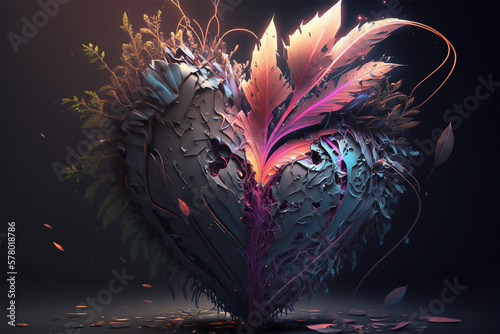 Broken heart or love concept. Heart made of metal through which plants have sprouted. Generative AI photo