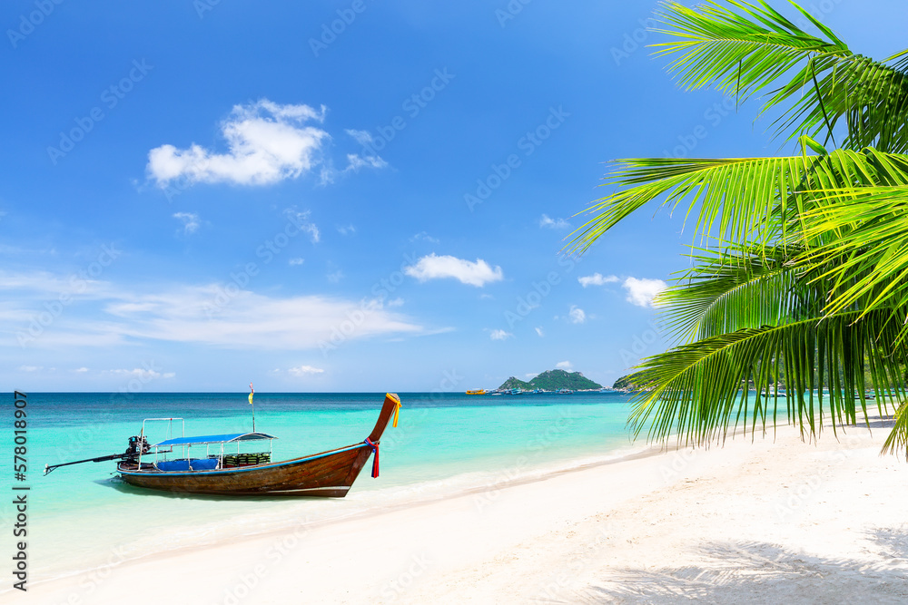 Palm tree and long tail boat on white sand tropical beach in Koh Tao island, Surat Thani Province, Thailand.