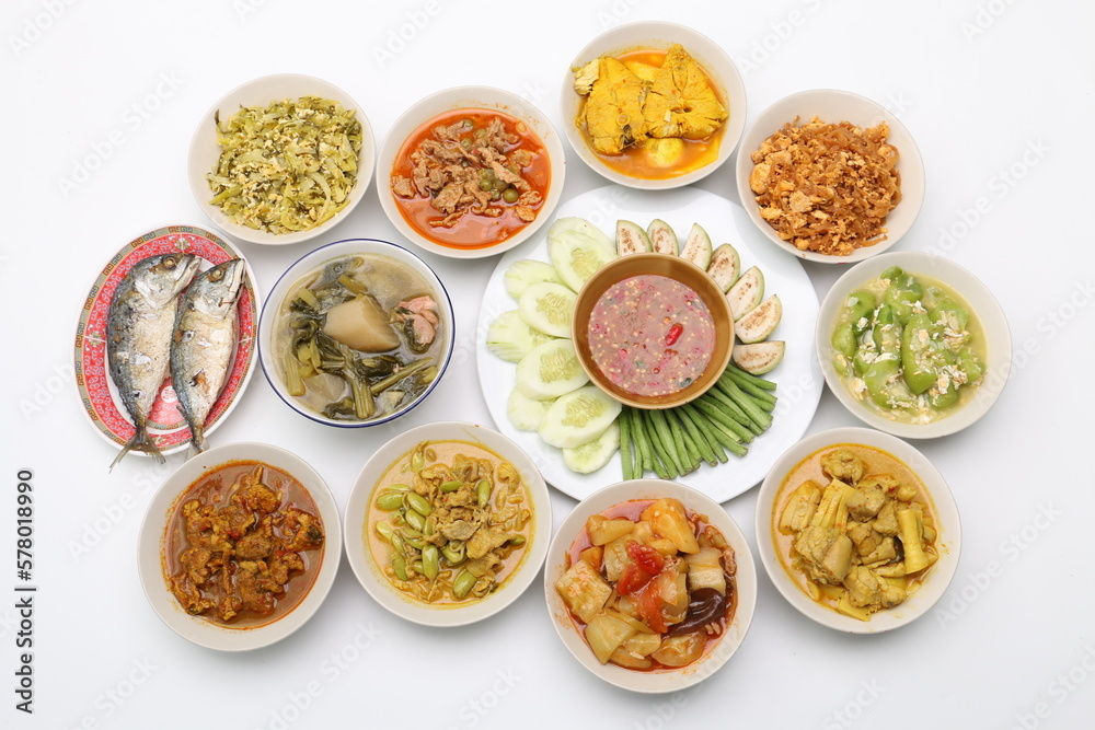 Set of Thai food Shrimp Paste Chilli Sauce (Nam Prik Ka Pi), Thai​ mackerel fried, a popular food in Thai, Thai food on isolated background. - obrazy, fototapety, plakaty 