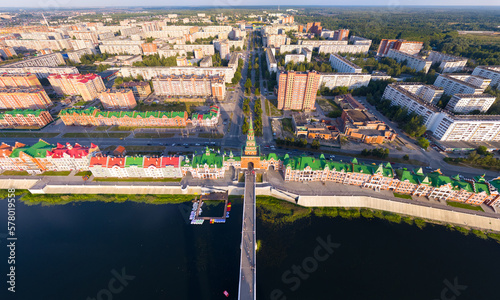 Yoshkar-Ola, Russia. Spasskaya Tower. Embankment of Bruges. Panorama of the city center during sunset. Aerial view