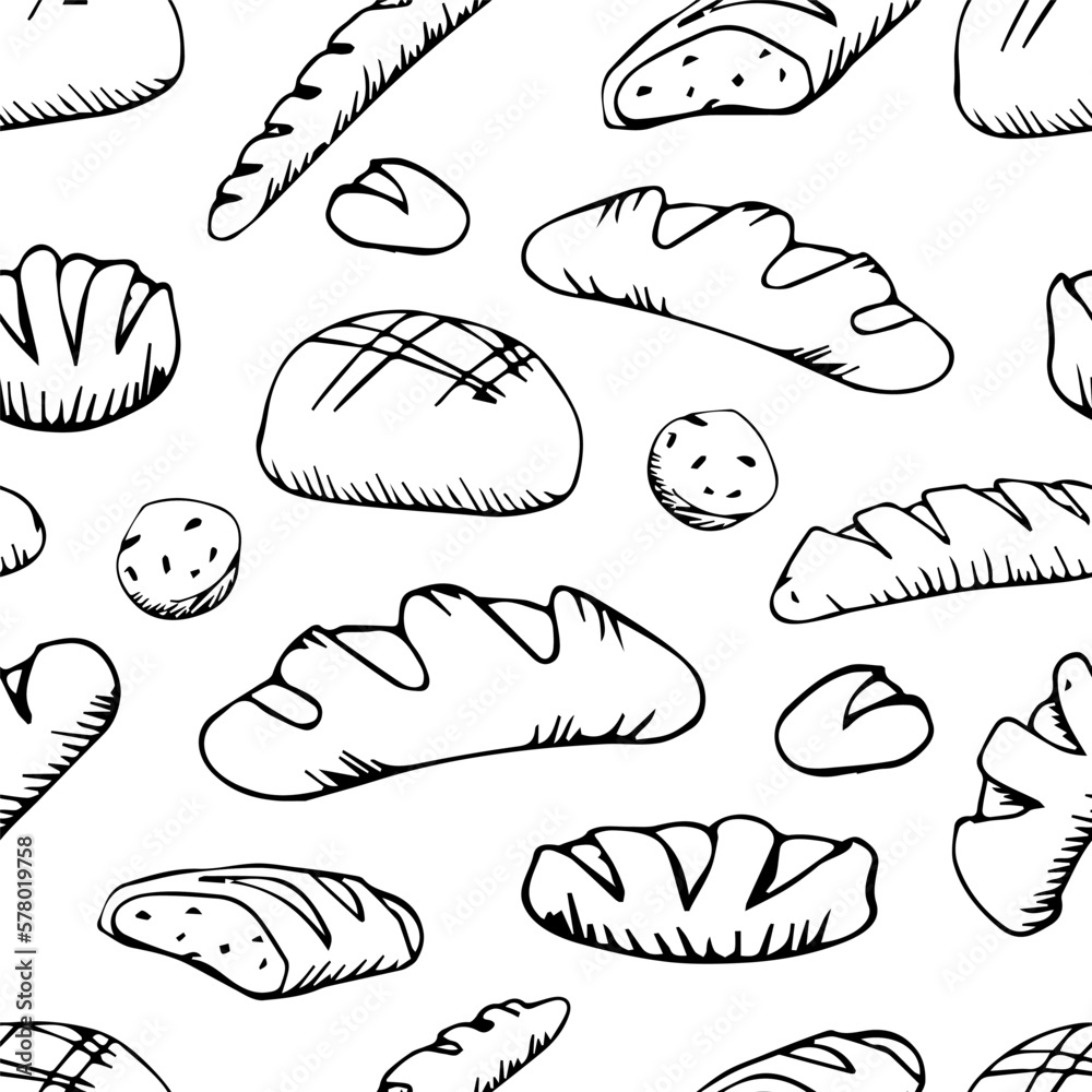 bread outline pattern. Drawing rye, whole grain and wheat bread