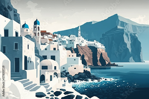 Santorini shore artwork. Generative AI