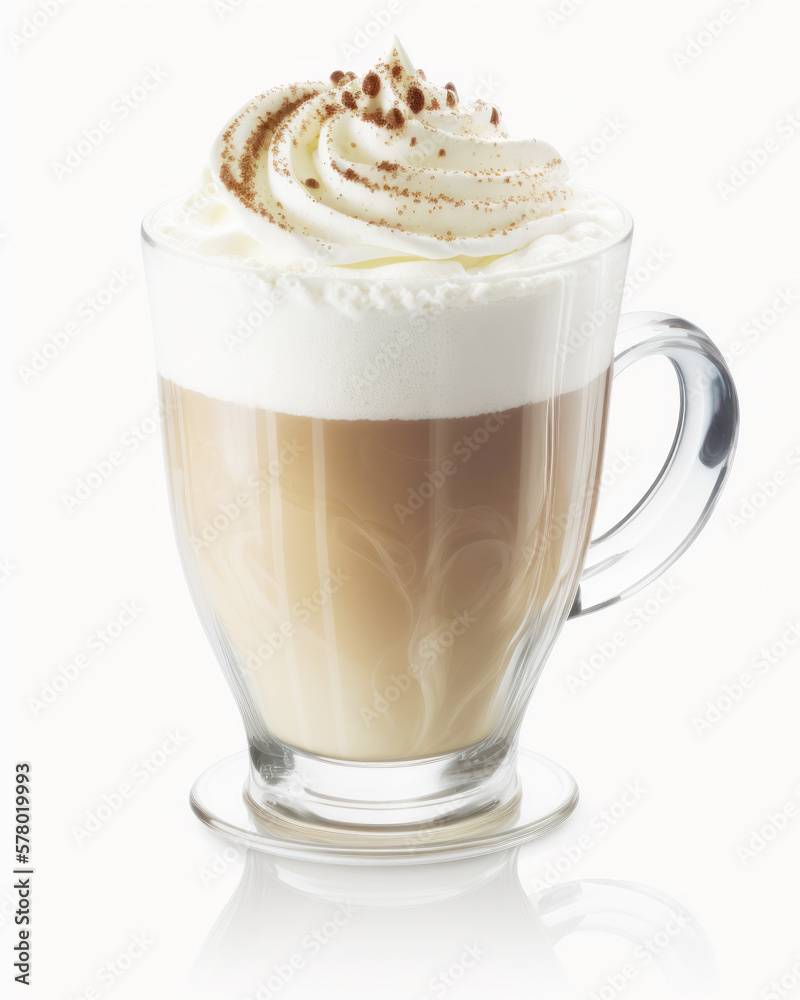 This image features a refreshing Cappuccino drink served in a glass on a pure white background. Generative AI This image features a refreshing Cappuccino drink served in a glass on a pure white background. Generative AI