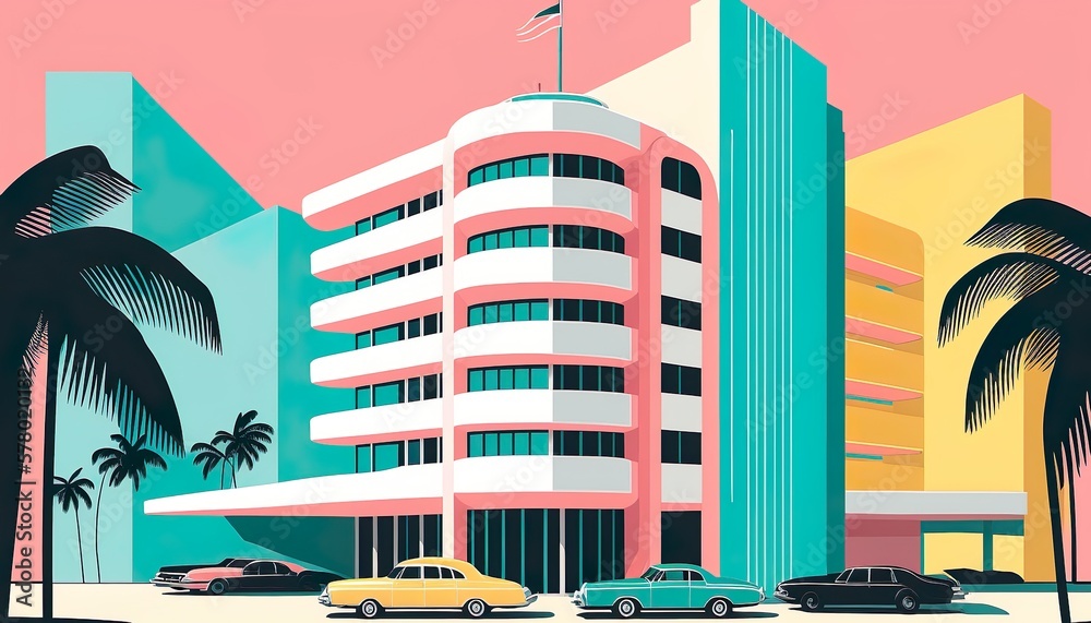 Obraz premium Miami building modern art deco vector paper cut business illustration design wallpaper background created with generative AI technology