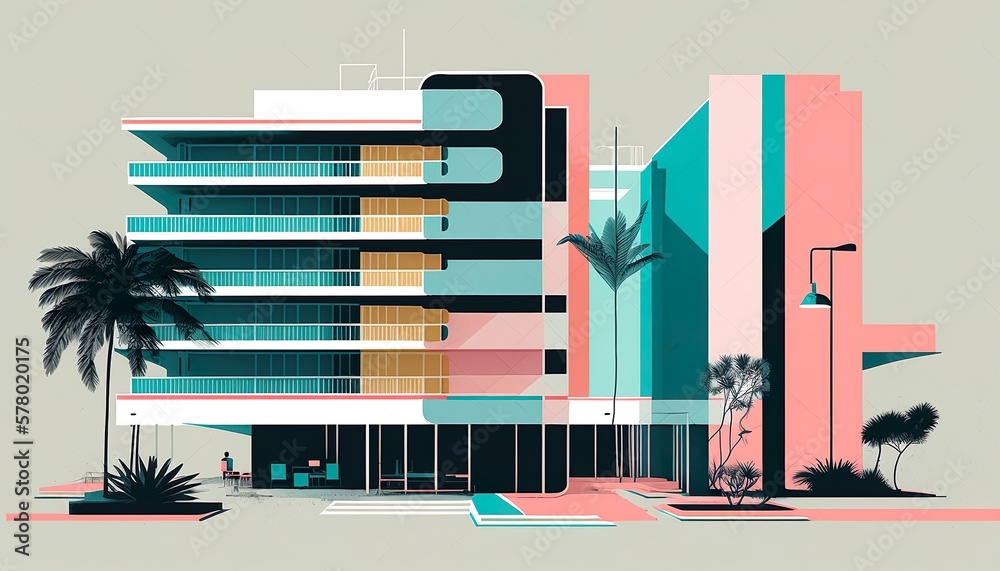 Obraz premium Miami building modern art deco vector paper cut business illustration design wallpaper background created with generative AI technology