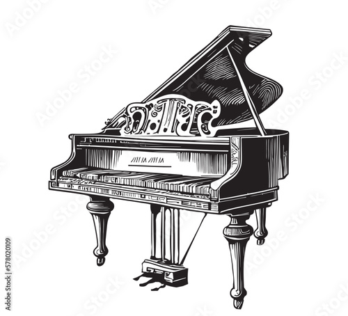 Piano retro sketch hand drawn musical instrument illustration