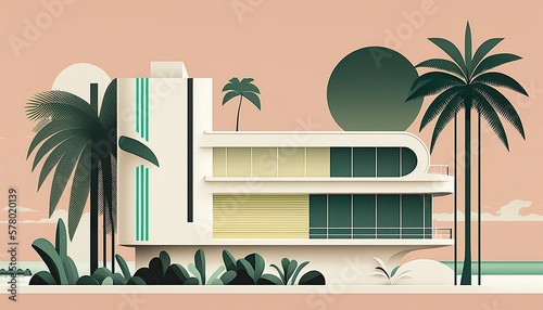 Miami building modern art deco vector paper cut business illustration design wallpaper background created with generative AI technology