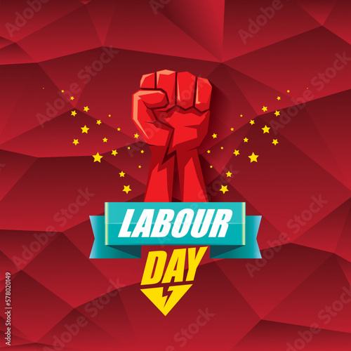 1 may Happy labour day vector label with strong protest fist in the air on vintage red background. vector happy labor day background or banner with man hand. workers may day poster