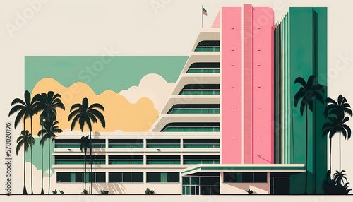 Miami building modern art deco vector paper cut business illustration design wallpaper background created with generative AI technology